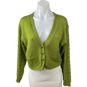 Rene Derhy Green Beaded Pearl Cable Knit Button Up Crop Cardigan Sweater Size M